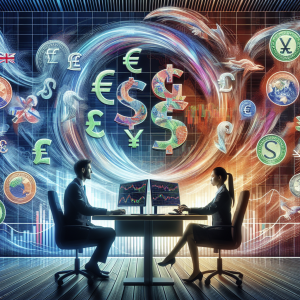 An image depicting a visual representation of efficient pair trading with Forex currency pairs. On one side of the image, show the currency symbols of various global currencies, such as the US Dollar, Euro, British Pound, and Japanese Yen, in a whirlwind pattern, representing the volatile nature of the Forex market. On the other side, depict two individuals engaging in focused strategic planning. They should be staring intensely at a large screen filled with colorful charts and graphs. One should be a Caucasian man and the other an Asian woman. Ensure the aesthetics of the image represent seriousness and concentration.