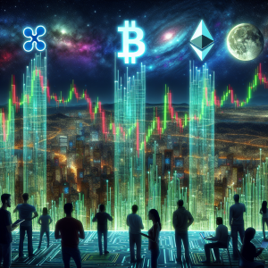 A futuristic digital landscape, where virtual skyscraper-like charts for Bitcoin (BTCUSD), Ripple (XRPUSD), and Ethereum (ETHUSD) rise high in the skyline against a mesmerizing backdrop of a starry cybernetic night sky. The charts glow with hues of green and red, representing the frequent fluctuations in their values. On the ground, people of diverse backgrounds, Caucasian, Hispanic, South Asian, Black, are attentively monitoring the movements of these three cryptocurrency charts, visualized on their high-tech devices.