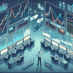 Produce an illustration of a stock market scenario showcasing the key differences and strategies between short and long trading positions. Start with a dynamic trading floor, with numerous screens displaying fluctuating stock market graphs, tickers and numbers. On one side, visualize an individual confidently placing a 'long' bet, hoping prices will rise, and on the other side, another individual cautiously taking a 'short' position, anticipating a fall in prices, each of these instances being guided by different analytical strategies on their screens.