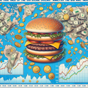 Create an illustrative image depicting the concept of 'The True Value of the US Dollar: An Analysis of The Big Mac Index'. This image could include a large, detailed diagram comparing the cost of a Big Mac across a variety of countries, emphasized by fluctuating money symbols. Include a giant, scrumptious Big Mac in the center as the primary element, but also incorporate aspects of global finance such as graphs, world maps, and currency symbols to visually explain this economic concept.