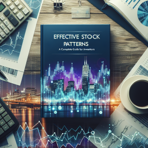An image portraying a book with the title 'Effective Stock Patterns: A Complete Guide for Investors'. Surrounding the book, there's a table filled with financial charts and patterns, a calculator, and a cup of coffee. In the background, a cityscape at dusk is seen, representing the financial district. Visible on the book's cover is an intricate line graph depicting various stock market trends.