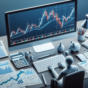 Create a visually striking image that portrays the concept and application of Dodji Tombstone in trading. The image should include a computer screen displaying a stock chart with both increasing and decreasing trends. On the chart, a Dodji Tombstone candlestick formation should be highlighted. You can also surround the computer with various trading paraphernalia such as calculators, trend line diagrams, and financial newspapers. To complete the scene, include a generic trader character studying the chart with focused attention.