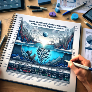 Create an image representing a benchmark of understanding stock exchange order book and the depth of market. This image should conceptualize both aspects, possibly showing a detailed view of an order book alongside an illustration that reflects market depth. Order book could include bid and ask prices, quantity of shares, and possibly orders waiting to be filled. For illustrating market depth, the image could use the metaphor of an ocean - shallow near the coast but getting deeper as one moves further. Make sure to include related symbols and widgets as seen on trading platforms, such as stock charts, trends, and market performance indicators.
