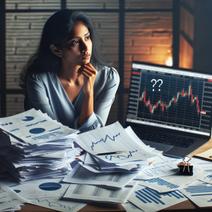 A thoughtful South Asian woman sitting in her office, pouring over a mountain of paperwork related to Marginal Trading. Charts, graphs and financial data are spread out before her on the desk. A laptop showing stock market data and a question mark are next to her, symbolizing the dilemma of whether to invest or not. The atmosphere is intense and concentrative, conveying the gravity of investment decisions in Marginal Trading.