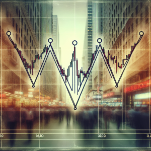 A graph representing the 'Triple Bottom' pattern: The Essential Base for Investors. The image includes a line graph with three significant low points at a similar level, depicting the triple bottom formation which is a bullish reversal pattern in stock market analysis. The graph is superimposed on a faded grainy background of a bustling stock market trading floor, giving a realistic touch to the concept. The image is suffused with a sense of urgency and activity, reflecting the pace and tension of the financial world.