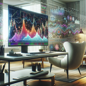 A detailed visualization of a live TradingView chart on a computer monitor, laden with complex financial indicators and tools for market analysis. The scene is in a well-lit contemporary home office with stylish, modern furniture. On the screen, various colorful lines, graphs and indicators are actively updating in real-time, together representing a vibrant and dynamic financial market.
