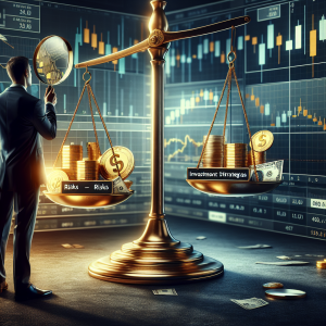 A detailed image showcasing the concept of binary options trading: risks and investment strategies. Show a large scale balanced on a pivot, with one side weighed down by golden coins labeled 'Risks' and the other side with paper notes marked 'Investment Strategies'. A Caucasian male in a sharp suit is contemplating the scale, holding a magnifying glass. He is surrounded by graphs and charts representing market trends, on a modern virtual screen. The scene is set in a well-lit, contemporary office environment.