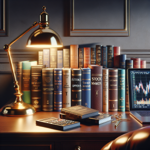 The image displays a neatly arranged selection of books on a sophisticated wooden bureau. Each book focuses on a different aspect of trading, with titles insinuating topics like futures, options, stock markets, and investment strategies. A shining brass banker's lamp casts a warm, inviting light on the texts, while a sleek modern laptop rests nearby, its screen displaying colorful graphs representing financial data. A leather armchair is positioned comfortably, beckoning viewers to sit and peruse these invaluable resources. The whole setting hints at the calm, collected aura of a successful investor's study.