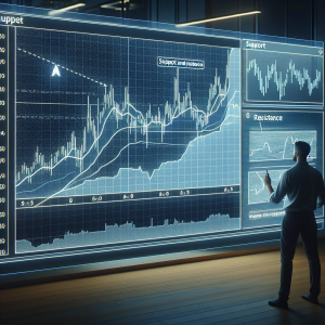 A scene showing an informational graphic on a digital screen that represents the concept of support and resistance levels in trading. The screen is divided into two segments. On the left, there's a line graph illustrating the price fluctuations of a stock with multiple support and resistance lines drawn at different price levels. On the right, there's a detailed explanation of these concepts with bullet points. The overall atmosphere of the scene should depict a modern trading floor with a Caucasian male in his 30s viewing the screen attentively, analyzing the data.