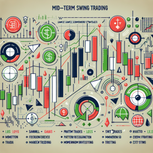 A detailed image illustrating the concept of mid-term swing trading. It includes various elements like stock market candles, line graphs representing market trends, and arrows indicating the swing trades' entry and exit points. Please incorporate colors such as green for gains, red for losses, and blue for neutral trends. Ensure the visual aesthetic is professional, resembling common finance and trading graphics in style. Show sample strategies like pattern recognition and momentum investing.