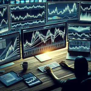 A detailed scene showing a professional trading setup with multiple computer monitors displaying various charts and graphs for Forex trading. The central feature should be the display of a popular channel trading indicator, perhaps represented as oscillating lines within a chart. The environment should be calm and focused, perhaps with a cup of coffee nearby, highlighting the analytical and strategic nature of Forex trading. The trader could be a South Asian woman engaged in deep analysis of the charts. Avoid depicting any specific real-time data or brand logos.