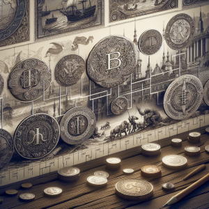 Illustrate the evolution of the Russian Ruble in the 19th century. Depict the currency as it would have appeared during this time, with intricate engraving and historical motifs, and compared to other global currencies of the time. Additionally, render a timeline in the background to signify its transformation and contextualize its historical value throughout this era. The scene should emanate a sense of history and monetary value.