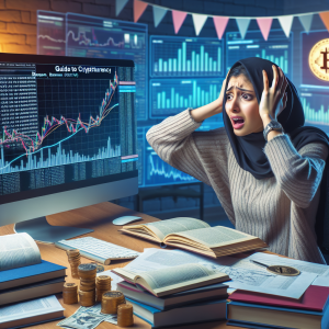 An image of a person, perhaps a young Middle-Eastern woman, sitting at a desk with an overwhelmed expression, surrounded by books and documents about cryptocurrency. Her computer is open on a beginner's guide to cryptocurrency webpage. To her side, there is an immersive 3D graph that shows cryptocurrency values fluctuating. The ambience of the room is a mix of worry, excitement, and dedication. Her determination to learn from scratch and succeed in understanding the complexity of cryptocurrency is clearly etched on her face.