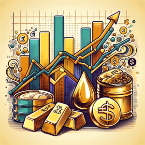Create a detailed image representing a short-term prediction for oil, gold, and EUR/USD. The image should include a chart indicating a potential trend, a physical representation of oil, gold bars, and a symbol representing the Euro and U.S. Dollar exchange rate. Make sure to use smooth and flowing lines for the trend analysis and use warmer color tones for the oil and gold, while cooler color tones for the currency representation.